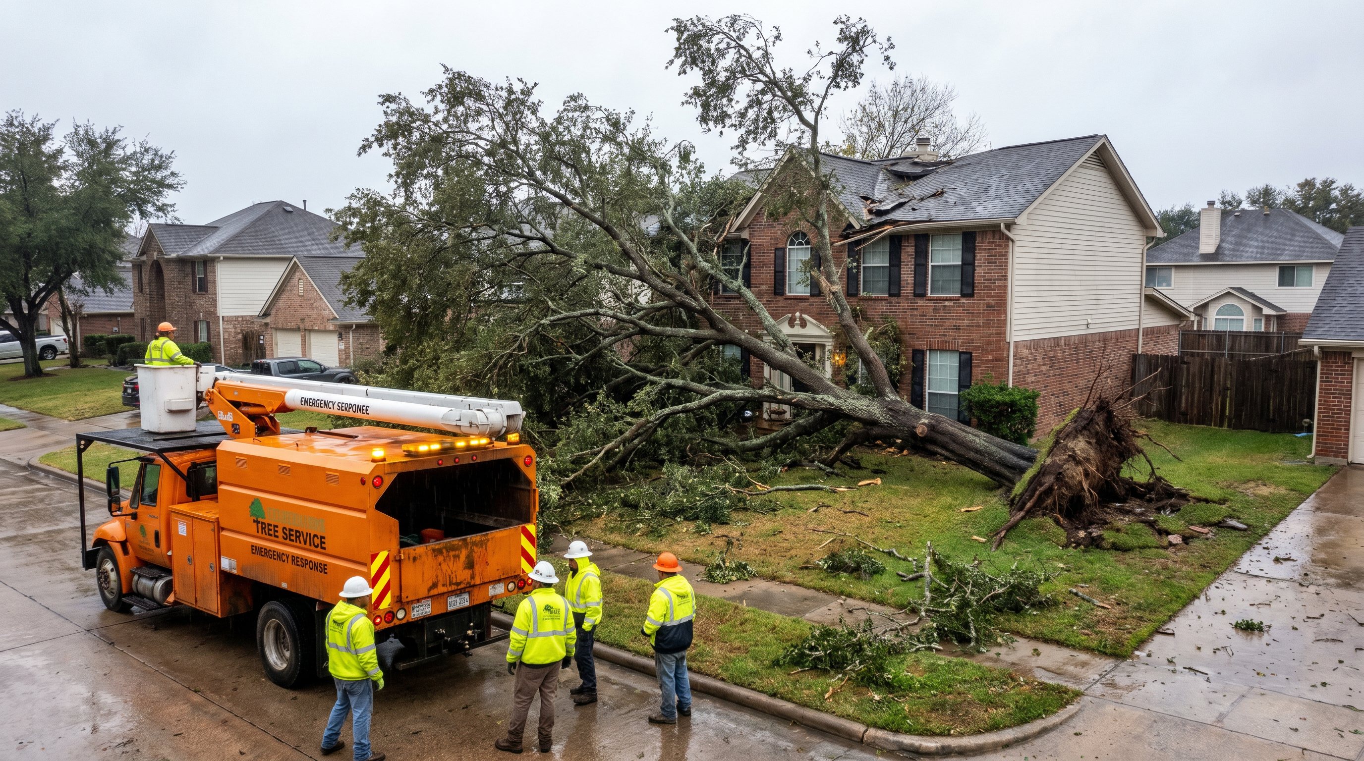 Emergency tree removal in Knoxville TN — storm-damaged tree on a house after a thunderstorm