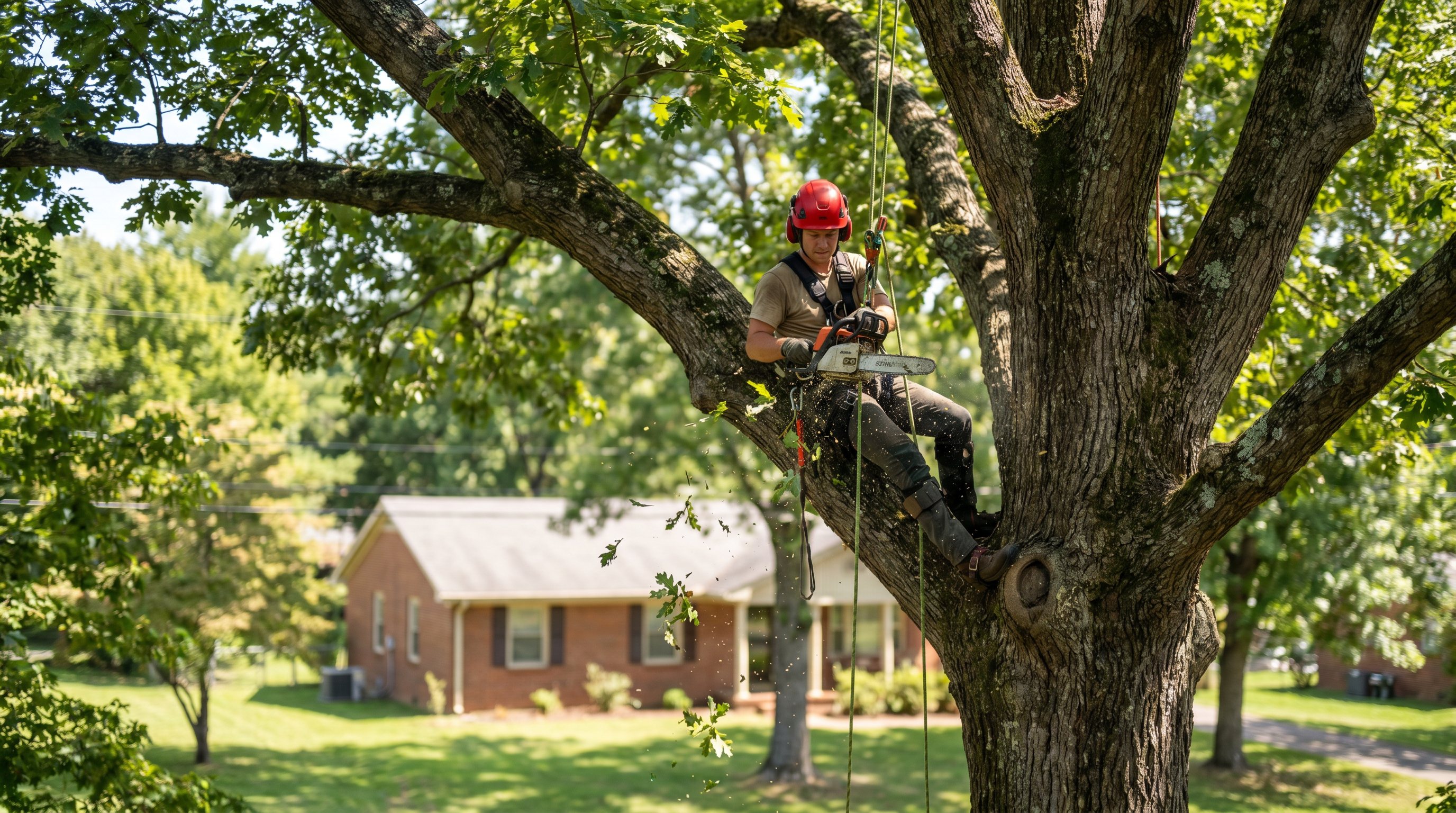 Certified arborist trimming an oak tree in Knoxville TN — professional pruning service