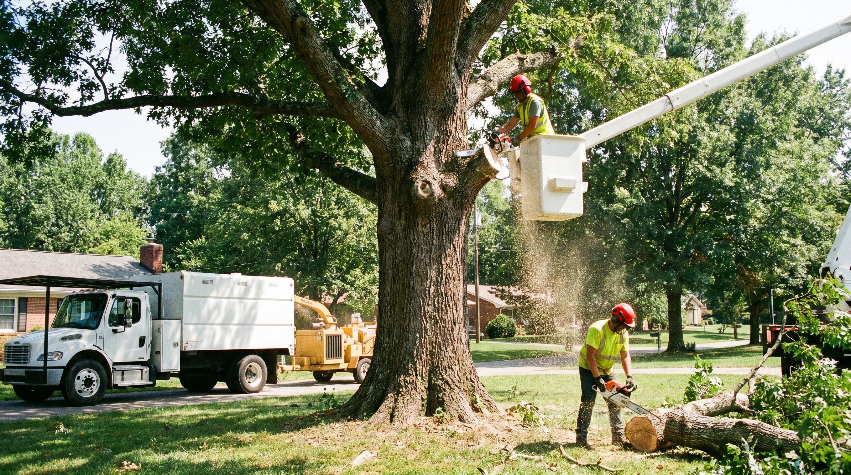 Professional tree removal crew working on a large hardwood in Knoxville, TN